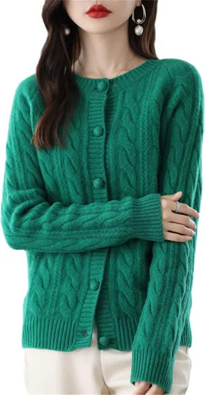 100% Pure Wool Knitted Cardigan Women's V-Neck Loose Cashmere Sweater Coat