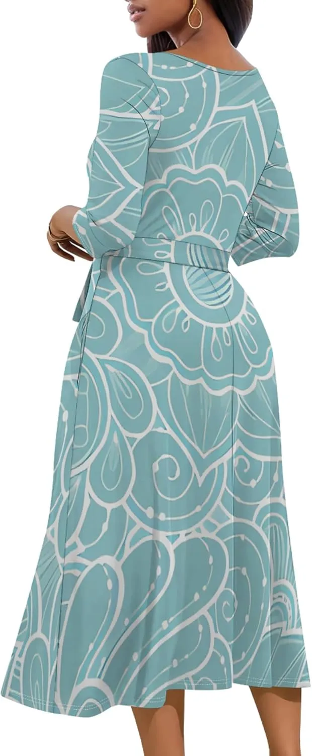 2024 Women's Multicolor Floral Print Fashion Semi Formal Wedding Guest Dress Sexy V-Neck 3/4 Sleeve Midi Flutter Wrap Dresses
