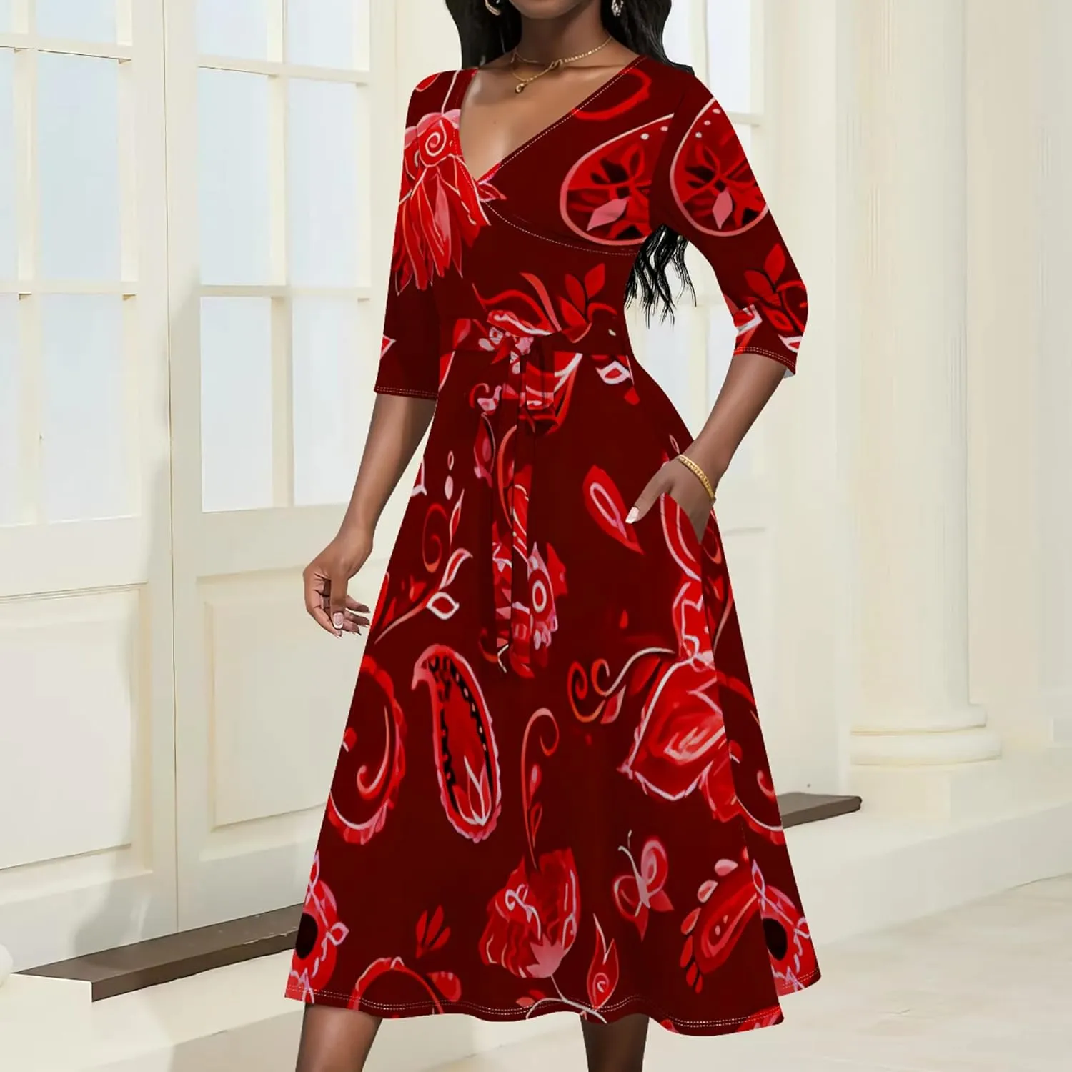 2024 Women's Multicolor Floral Print Fashion Semi Formal Wedding Guest Dress Sexy V-Neck 3/4 Sleeve Midi Flutter Wrap Dresses