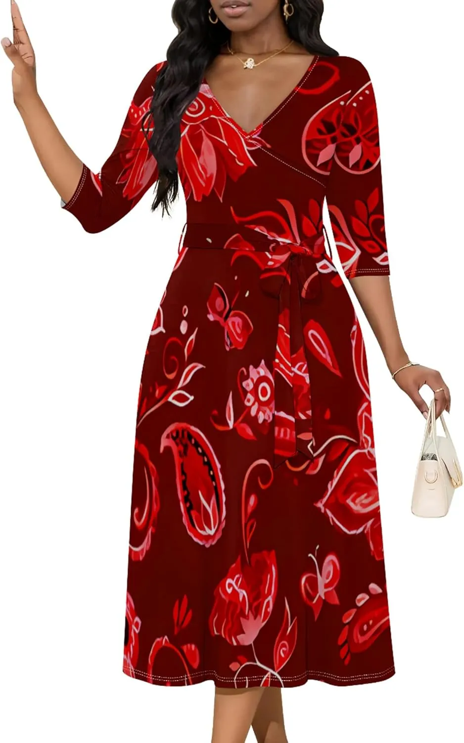 2024 Women's Multicolor Floral Print Fashion Semi Formal Wedding Guest Dress Sexy V-Neck 3/4 Sleeve Midi Flutter Wrap Dresses