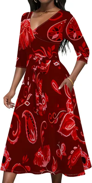 2024 Women's Multicolor Floral Print Fashion Semi Formal Wedding Guest Dress Sexy V-Neck 3/4 Sleeve Midi Flutter Wrap Dresses