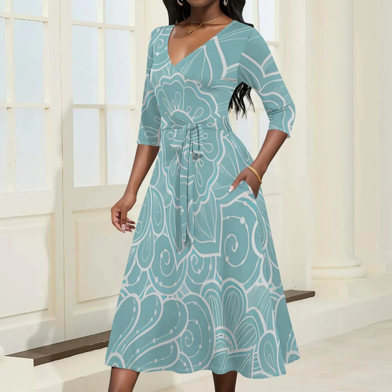 2024 Women's Multicolor Floral Print Fashion Semi Formal Wedding Guest Dress Sexy V-Neck 3/4 Sleeve Midi Flutter Wrap Dresses