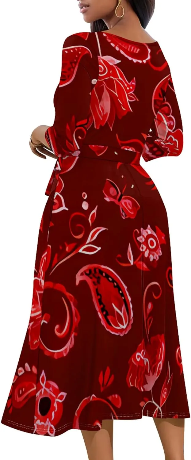 2024 Women's Multicolor Floral Print Fashion Semi Formal Wedding Guest Dress Sexy V-Neck 3/4 Sleeve Midi Flutter Wrap Dresses