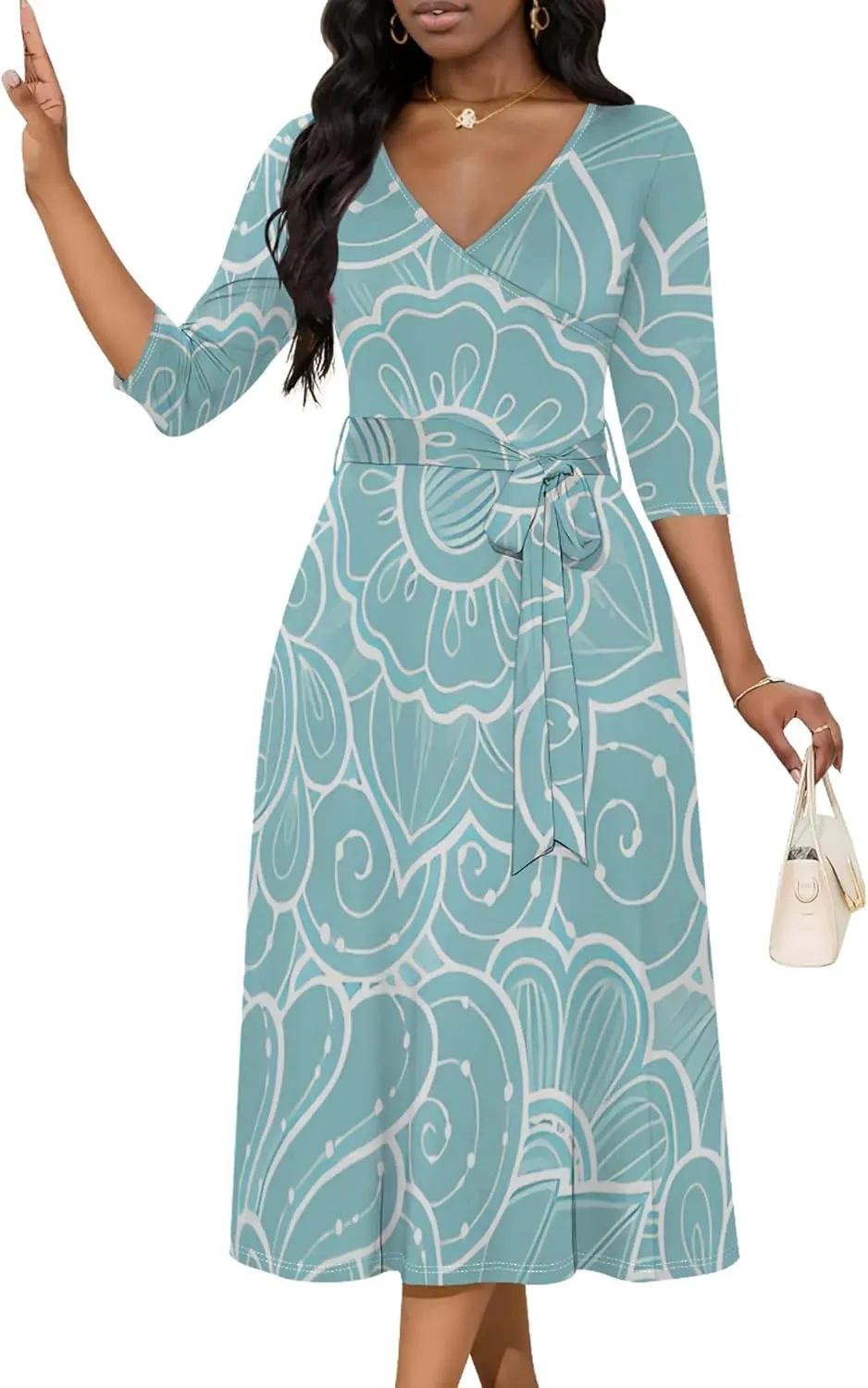 2024 Women's Multicolor Floral Print Fashion Semi Formal Wedding Guest Dress Sexy V-Neck 3/4 Sleeve Midi Flutter Wrap Dresses