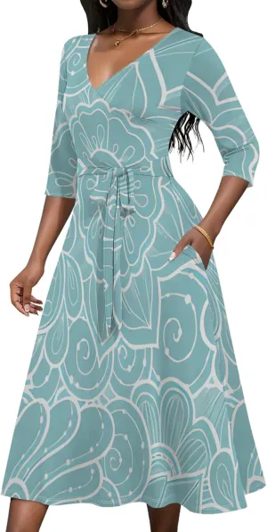 2024 Women's Multicolor Floral Print Fashion Semi Formal Wedding Guest Dress Sexy V-Neck 3/4 Sleeve Midi Flutter Wrap Dresses