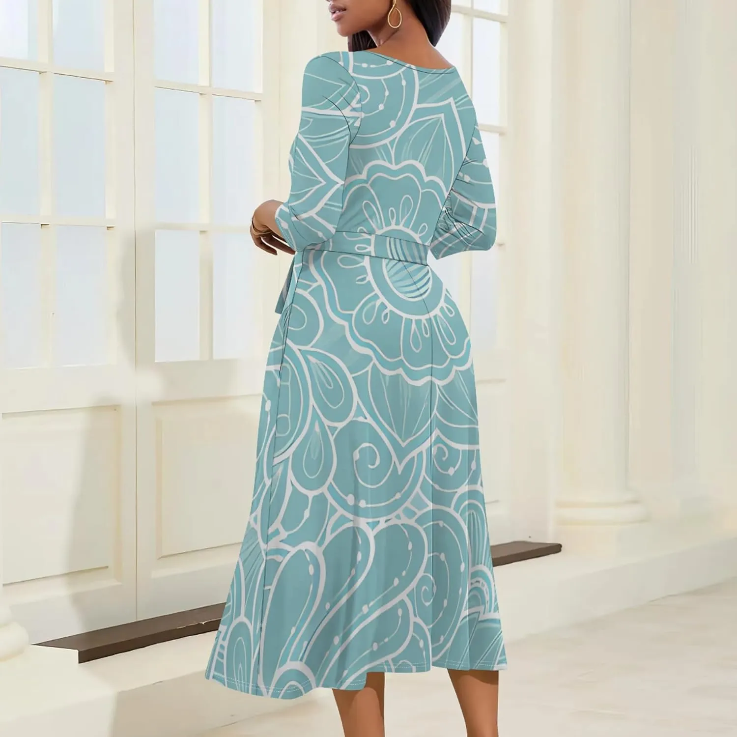 2024 Women's Multicolor Floral Print Fashion Semi Formal Wedding Guest Dress Sexy V-Neck 3/4 Sleeve Midi Flutter Wrap Dresses