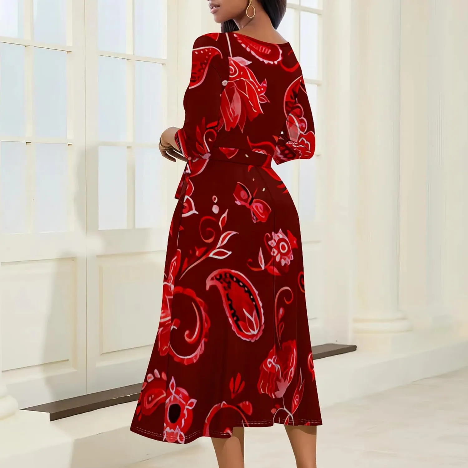 2024 Women's Multicolor Floral Print Fashion Semi Formal Wedding Guest Dress Sexy V-Neck 3/4 Sleeve Midi Flutter Wrap Dresses