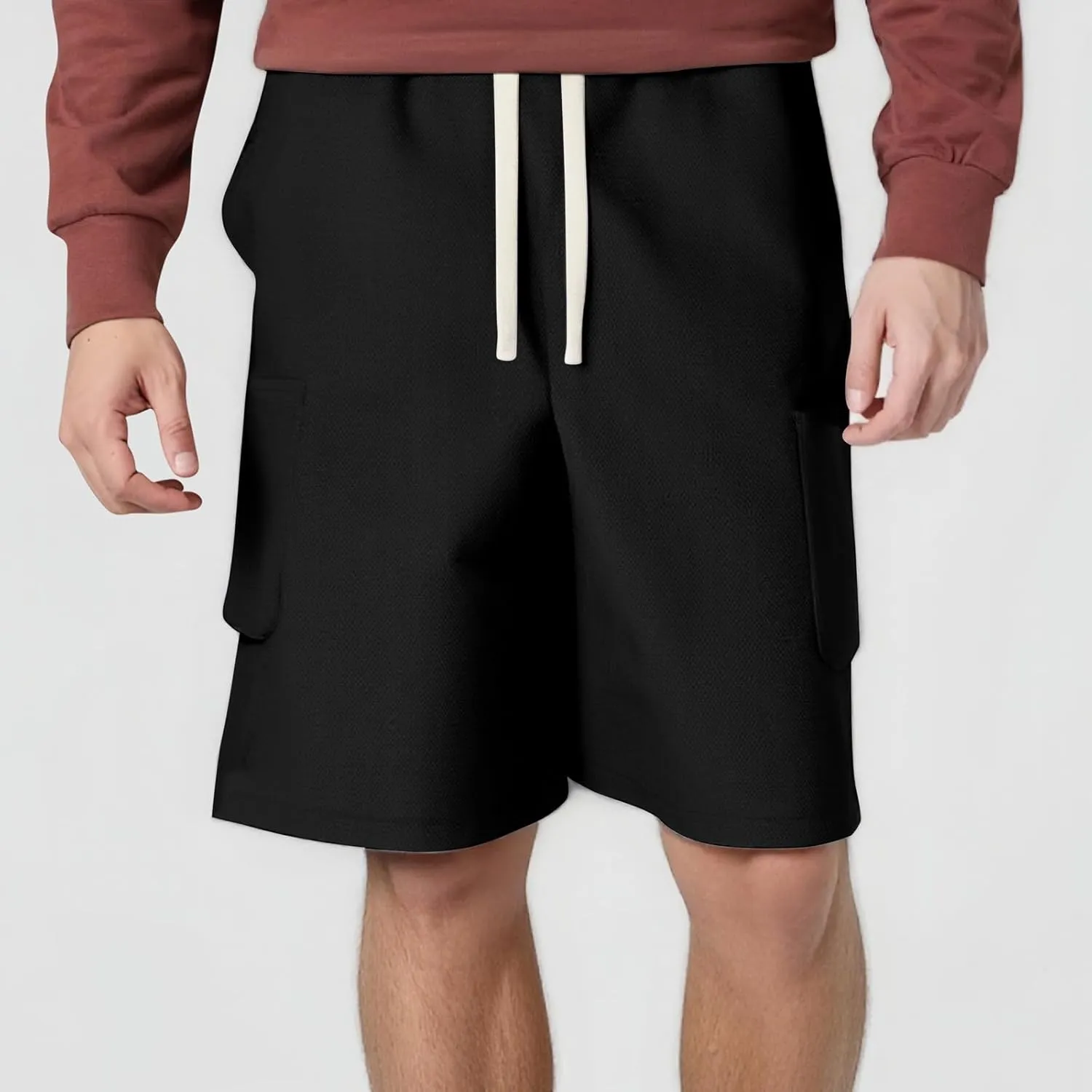 2025 Men Cargo Shorts Lounge Elastic Waist Drawstring Cotton Casual Outdoor Sweat Short Pant with Multi Pockets