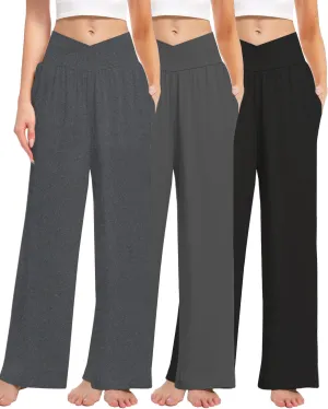 3 Pack Women's Wide Leg Pants Crossover with Pockets High Waist Loose Sweatpants Casual Lounge Yoga Workout Palazzo