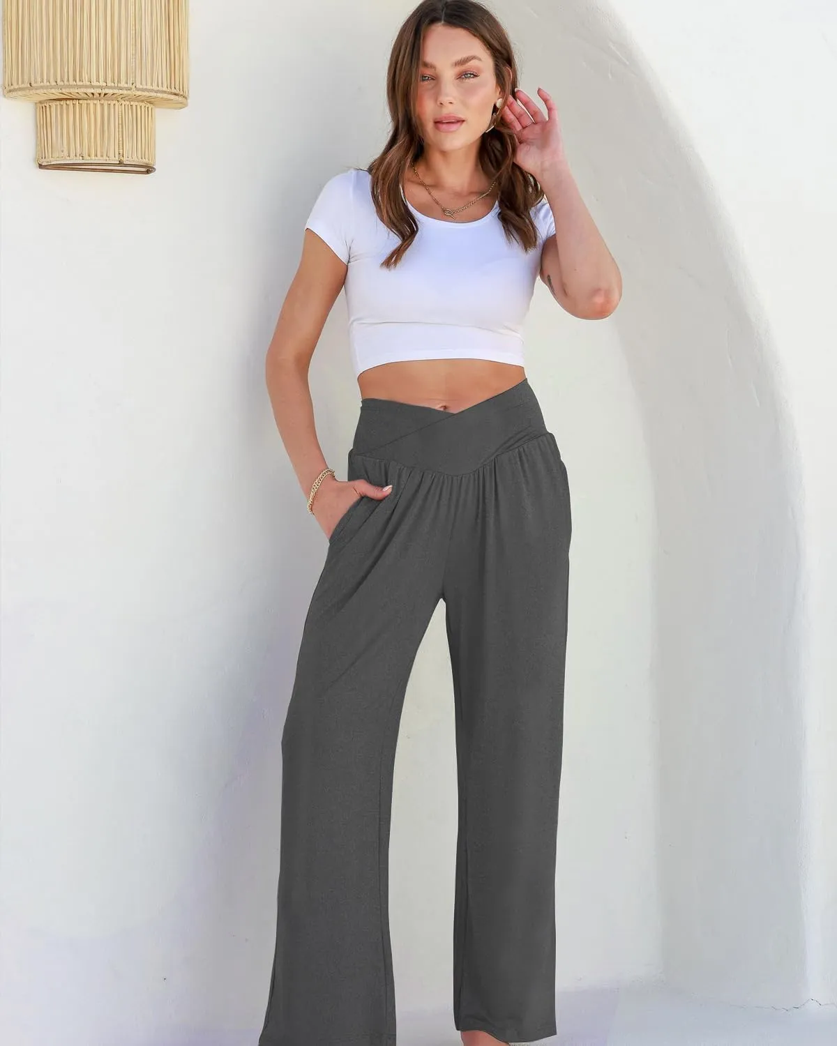 3 Pack Women's Wide Leg Pants Crossover with Pockets High Waist Loose Sweatpants Casual Lounge Yoga Workout Palazzo