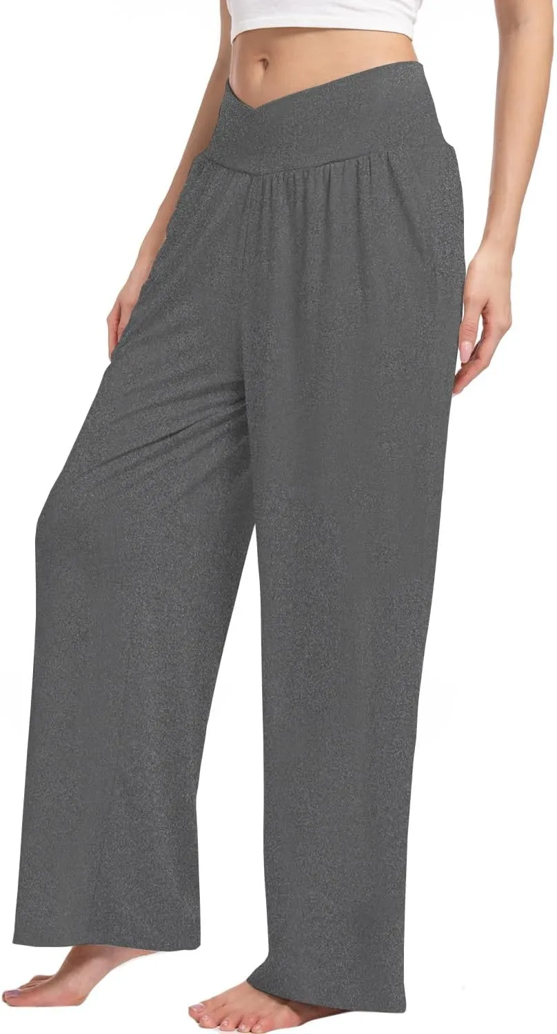 3 Pack Women's Wide Leg Pants Crossover with Pockets High Waist Loose Sweatpants Casual Lounge Yoga Workout Palazzo