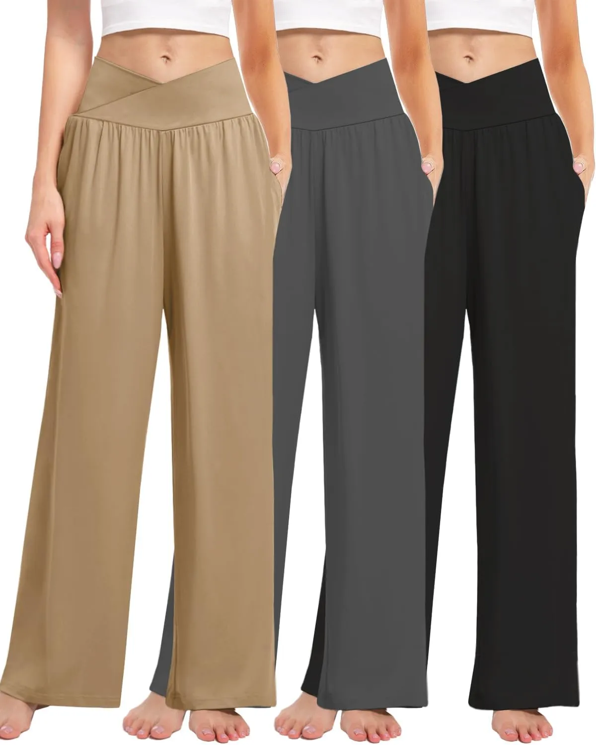3 Pack Women's Wide Leg Pants Crossover with Pockets High Waist Loose Sweatpants Casual Lounge Yoga Workout Palazzo