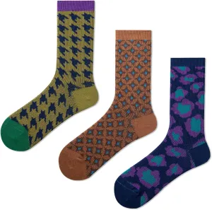 3 Pairs Women's Ankle Socks - Breathable Soft Patterned Striped Argyle Retro Color Clash Knit Socks