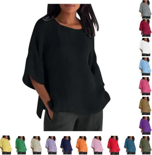 3/4 Sleeve Linen Shirts for Womens Spring Plus Size Solid Crewneck Going Out Tops Summer Beach Vacation Outfits 2025