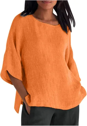 3/4 Sleeve Linen Shirts for Womens Spring Plus Size Solid Crewneck Going Out Tops Summer Beach Vacation Outfits 2025
