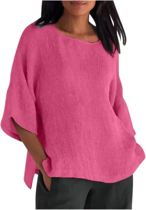 3/4 Sleeve Linen Shirts for Womens Spring Plus Size Solid Crewneck Going Out Tops Summer Beach Vacation Outfits 2025
