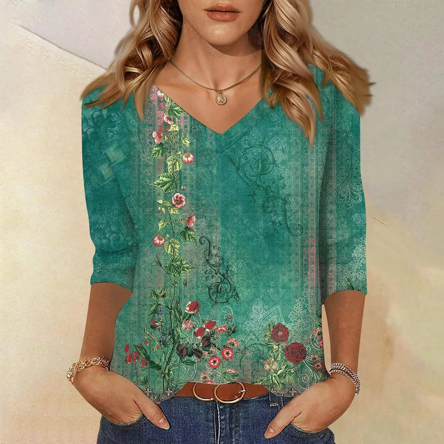 3/4 Sleeve Shirts for Women Cute Solid Floral Graphic V Neck Tunic Tees Blouses Casual Plus Size Basic Tops Pullover