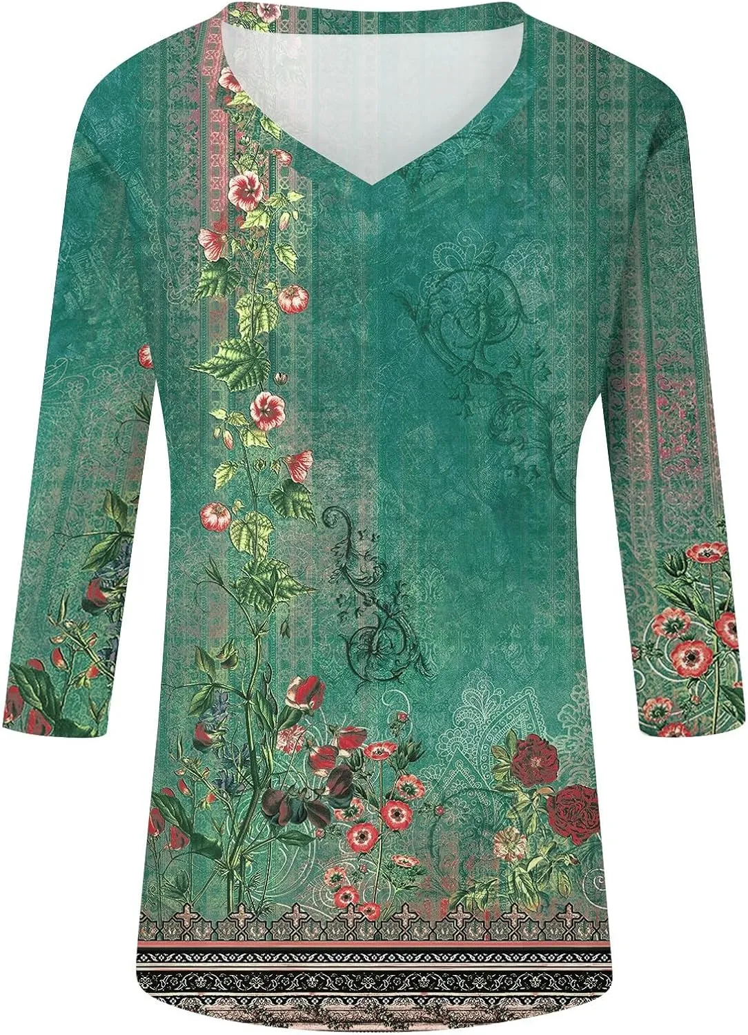 3/4 Sleeve Shirts for Women Cute Solid Floral Graphic V Neck Tunic Tees Blouses Casual Plus Size Basic Tops Pullover