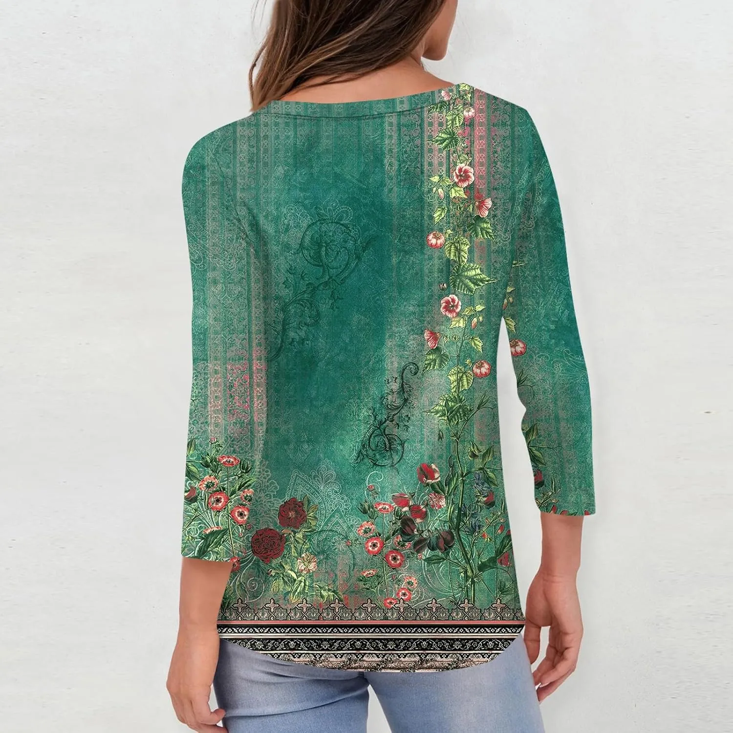 3/4 Sleeve Shirts for Women Cute Solid Floral Graphic V Neck Tunic Tees Blouses Casual Plus Size Basic Tops Pullover