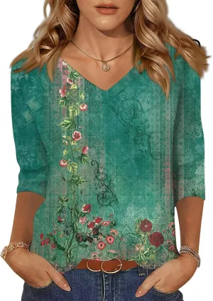 3/4 Sleeve Shirts for Women Cute Solid Floral Graphic V Neck Tunic Tees Blouses Casual Plus Size Basic Tops Pullover