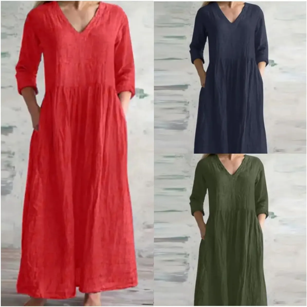 Akivide Women Cotton Linen Loose V Neck Midi Dress Summer Half Sleeve Dress with Pocket