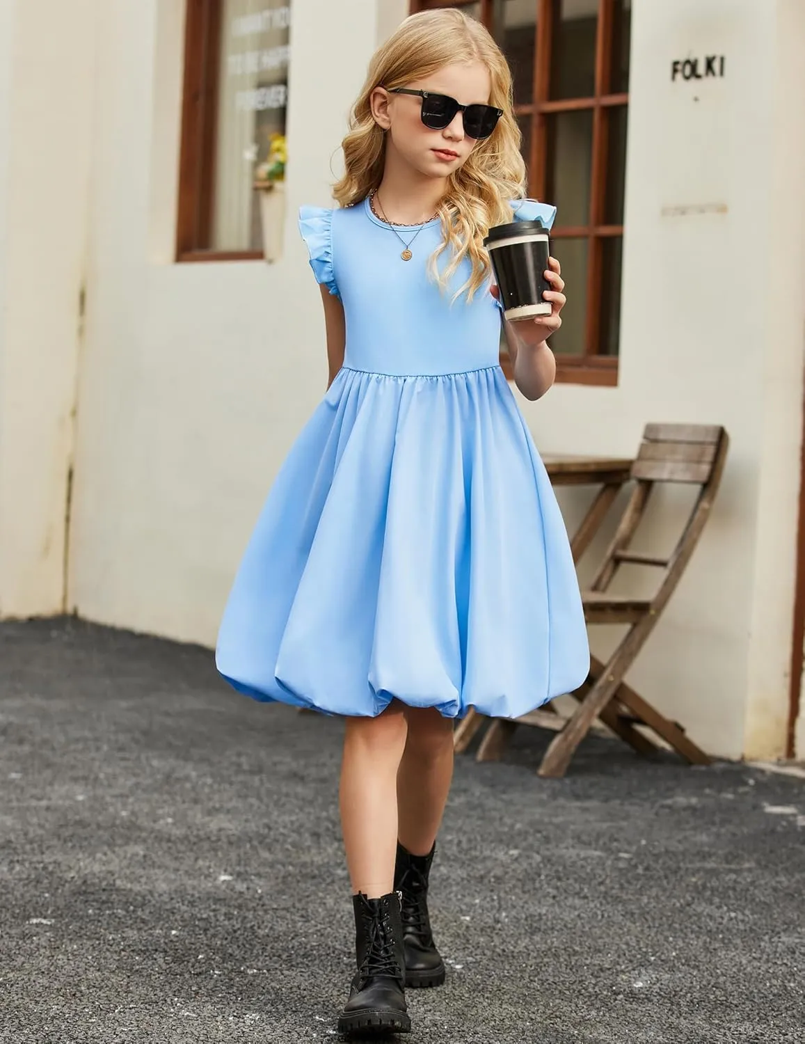 Arshiner Tween Girls Summer Bubble Dress Ruffle Sleeve Casual Party Midi Dresses