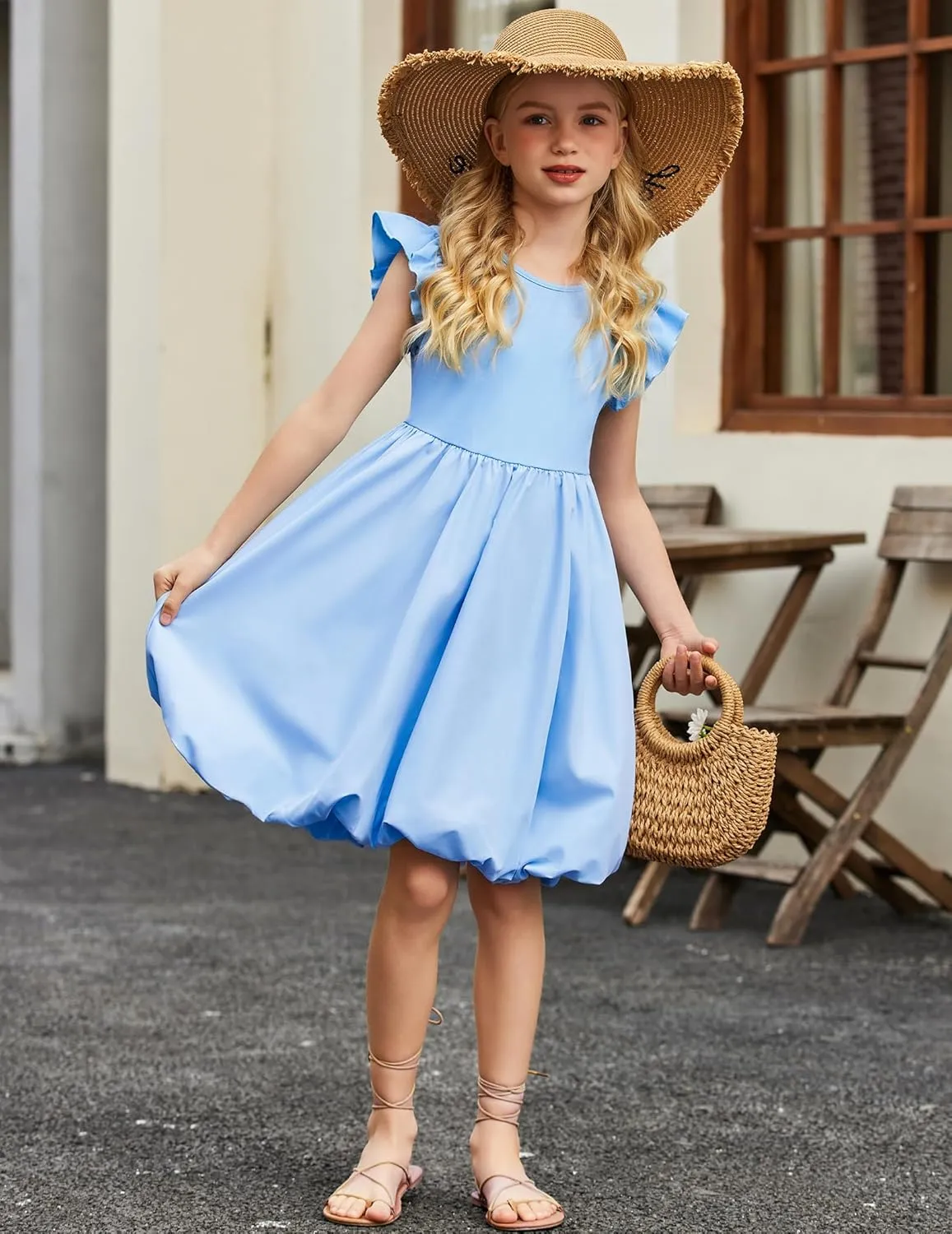 Arshiner Tween Girls Summer Bubble Dress Ruffle Sleeve Casual Party Midi Dresses