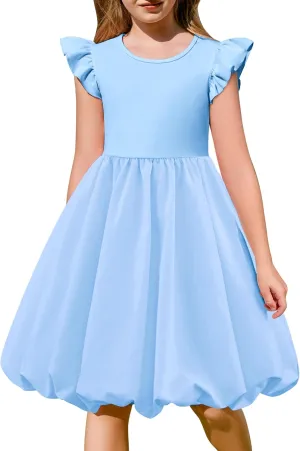 Arshiner Tween Girls Summer Bubble Dress Ruffle Sleeve Casual Party Midi Dresses