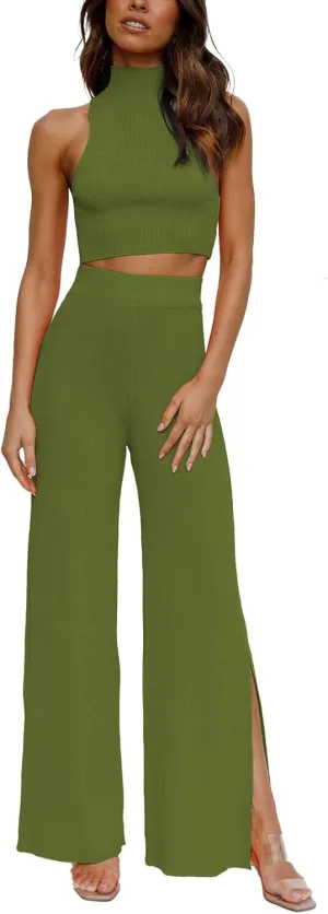 ARTFREE Womens 2 Piece Outfits Sets Casual Sweatsuits Streetwear, Ribbed Knit Palazzo Wide Leg Pants and Cropped Tops