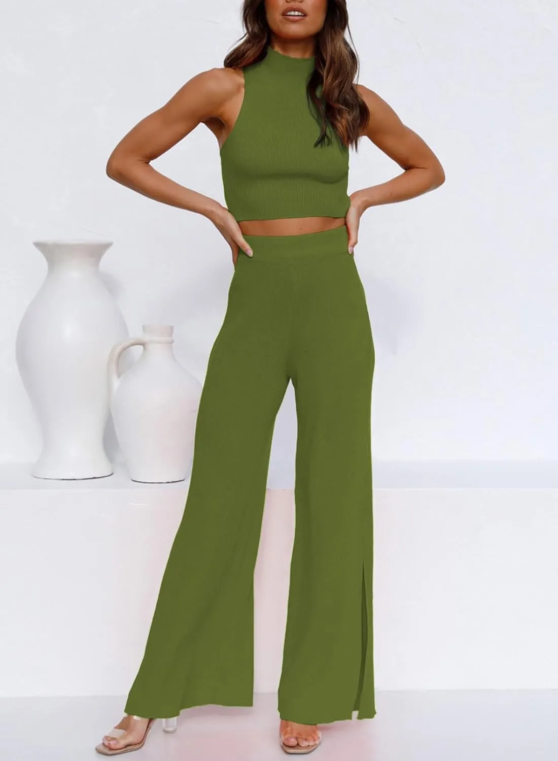 ARTFREE Womens 2 Piece Outfits Sets Casual Sweatsuits Streetwear, Ribbed Knit Palazzo Wide Leg Pants and Cropped Tops