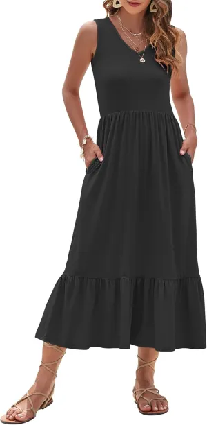 AUSELILY Womens Maxi Dress 2025 Sleeveless Summer Dresses V Neck Casual Tiered Sundresses with Pockets