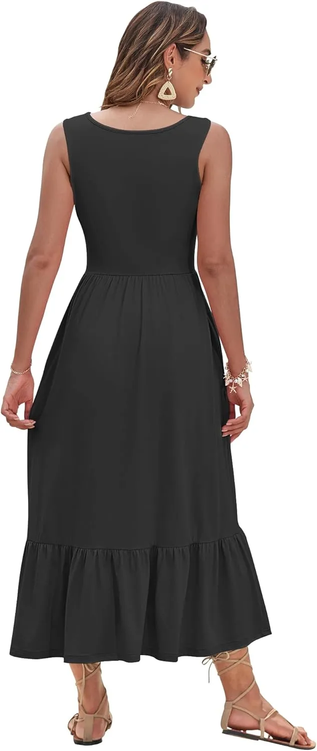 AUSELILY Womens Maxi Dress 2025 Sleeveless Summer Dresses V Neck Casual Tiered Sundresses with Pockets