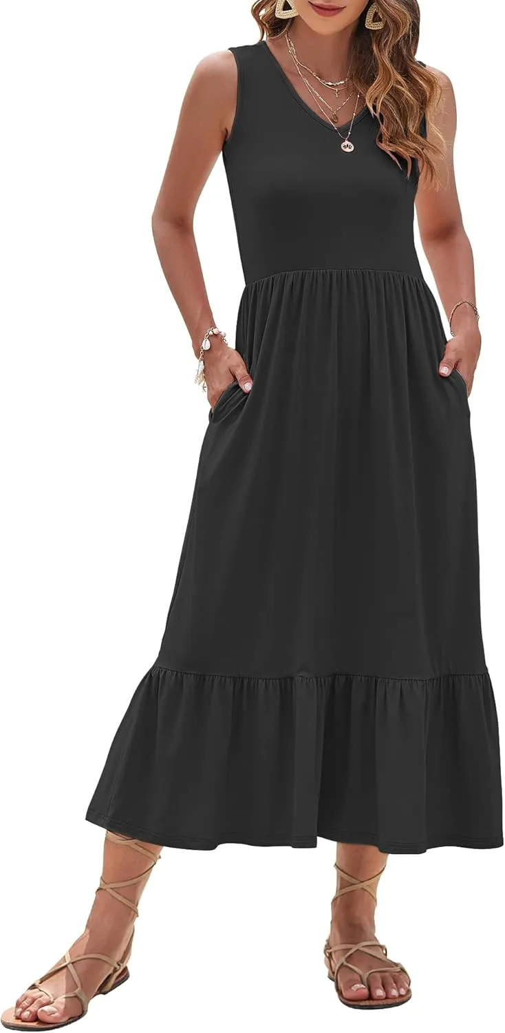 AUSELILY Womens Maxi Dress 2025 Sleeveless Summer Dresses V Neck Casual Tiered Sundresses with Pockets