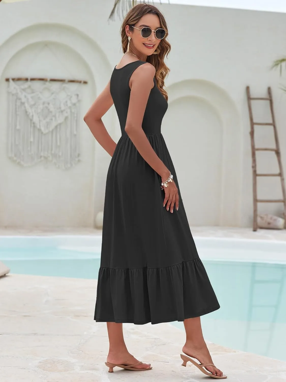 AUSELILY Womens Maxi Dress 2025 Sleeveless Summer Dresses V Neck Casual Tiered Sundresses with Pockets