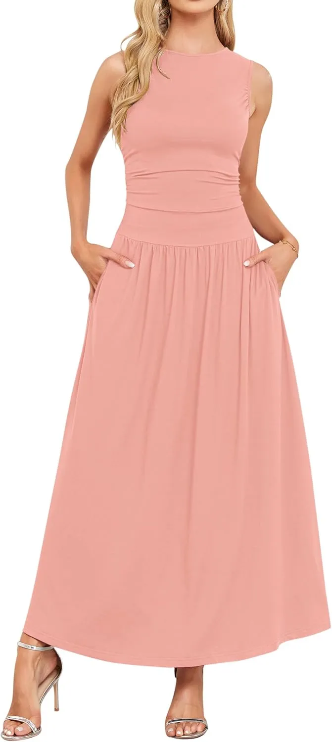 AUSELILY Womens Maxi Dress 2025 Summer Sleeveless Casual Slim Flowy Pleated Long Dresses with Pockets