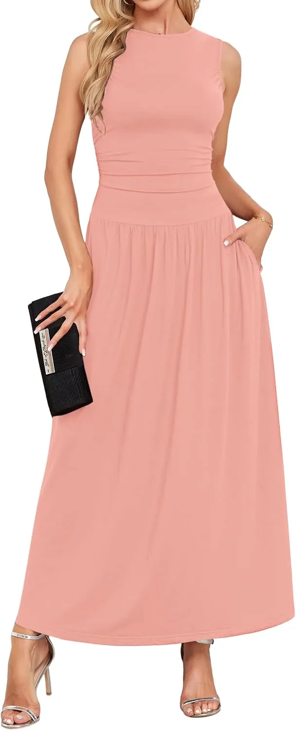 AUSELILY Womens Maxi Dress 2025 Summer Sleeveless Casual Slim Flowy Pleated Long Dresses with Pockets