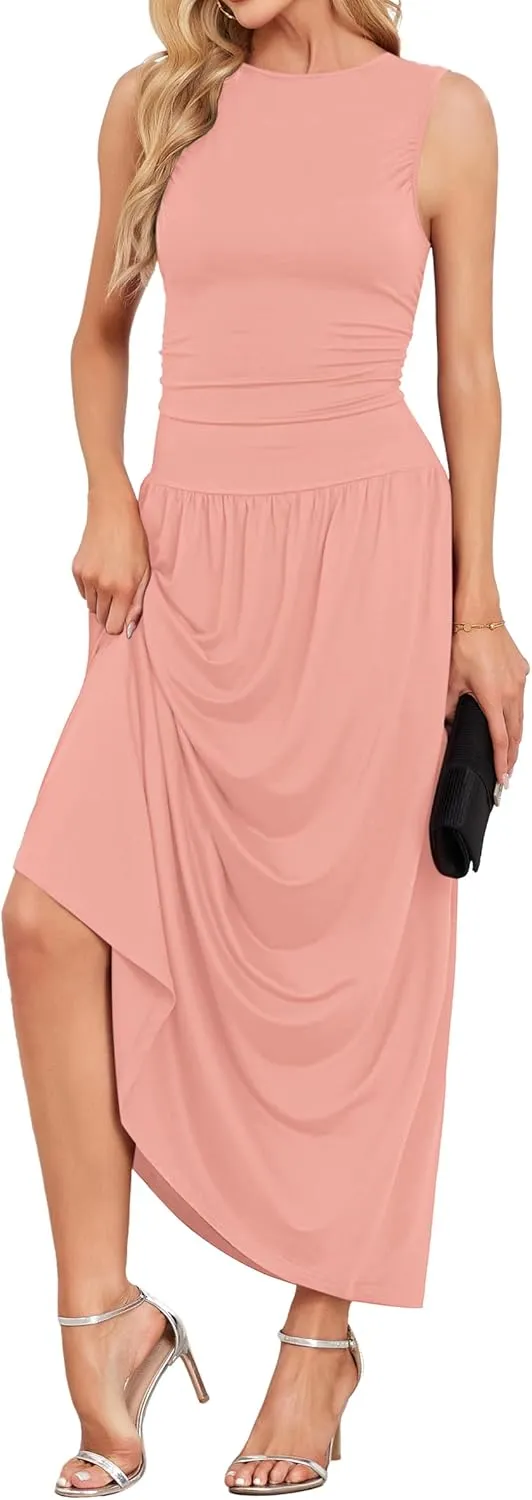 AUSELILY Womens Maxi Dress 2025 Summer Sleeveless Casual Slim Flowy Pleated Long Dresses with Pockets