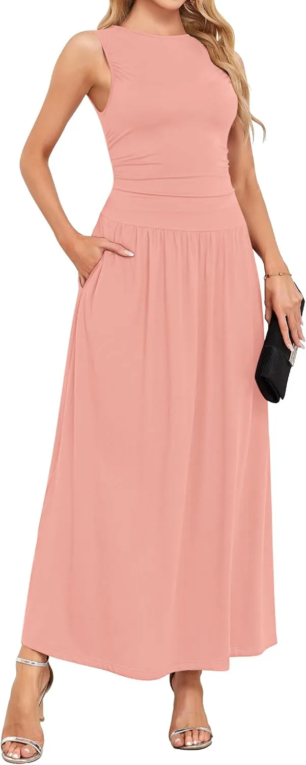 AUSELILY Womens Maxi Dress 2025 Summer Sleeveless Casual Slim Flowy Pleated Long Dresses with Pockets