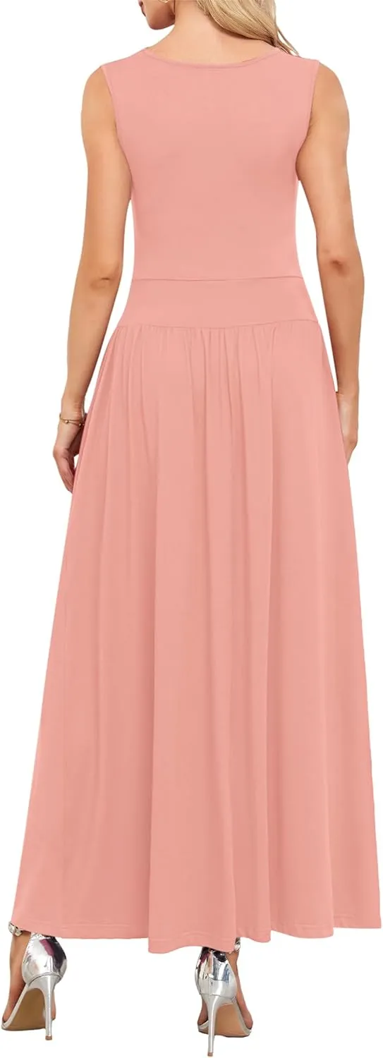AUSELILY Womens Maxi Dress 2025 Summer Sleeveless Casual Slim Flowy Pleated Long Dresses with Pockets