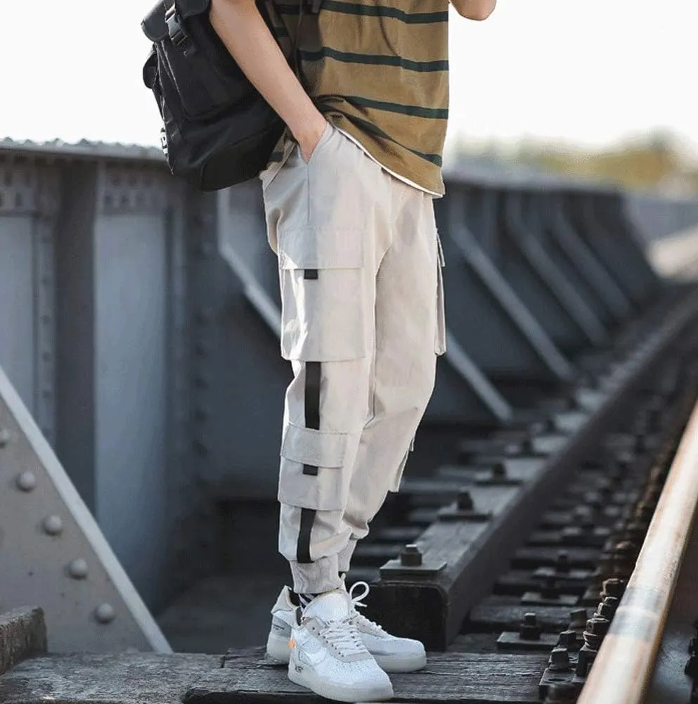 Banana Bucket Mens Techwear Harem Pants, Hip Hop Casual Jogger Cargo Pants with Multi-Pockets