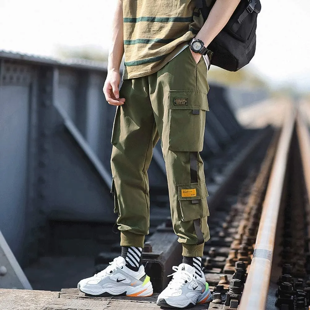 Banana Bucket Mens Techwear Harem Pants, Hip Hop Casual Jogger Cargo Pants with Multi-Pockets