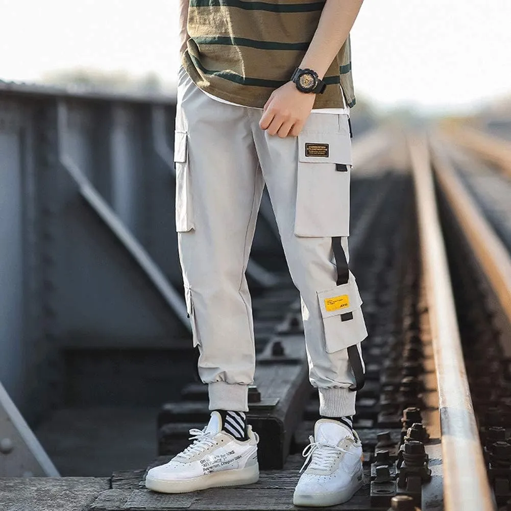 Banana Bucket Mens Techwear Harem Pants, Hip Hop Casual Jogger Cargo Pants with Multi-Pockets