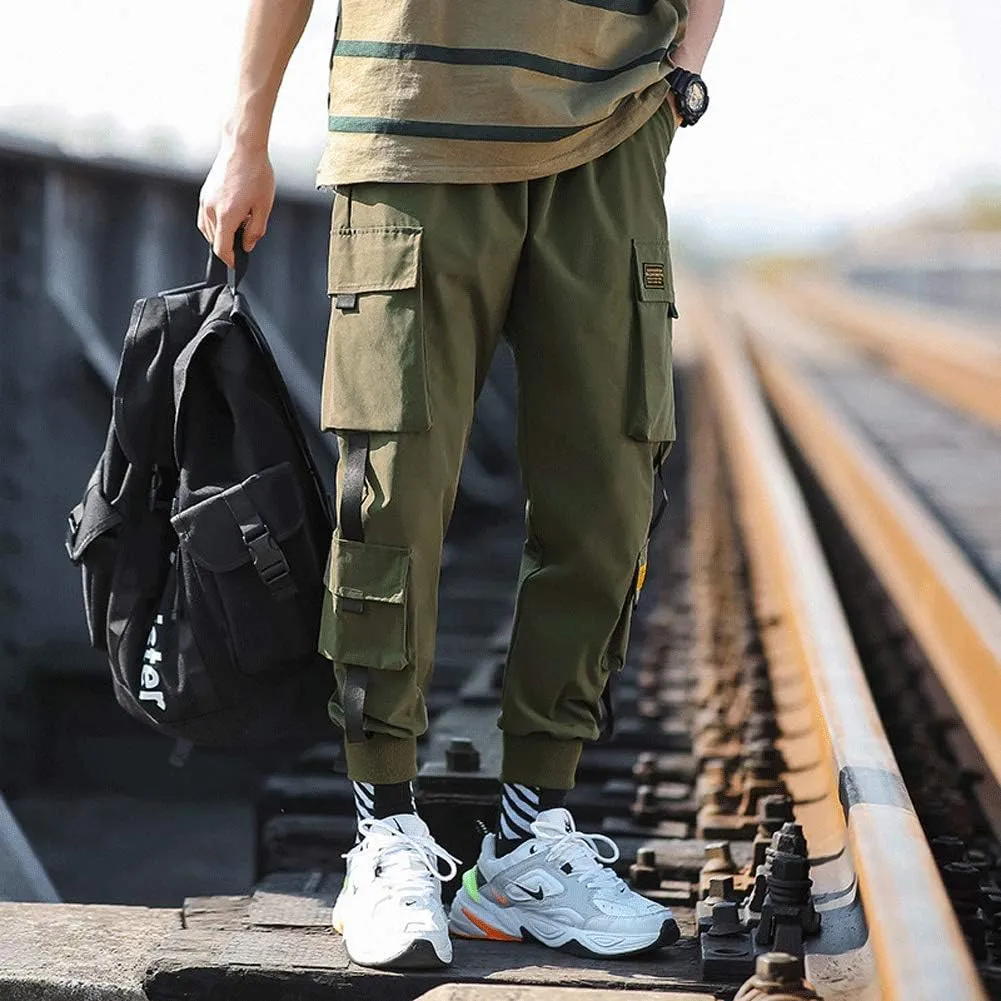 Banana Bucket Mens Techwear Harem Pants, Hip Hop Casual Jogger Cargo Pants with Multi-Pockets