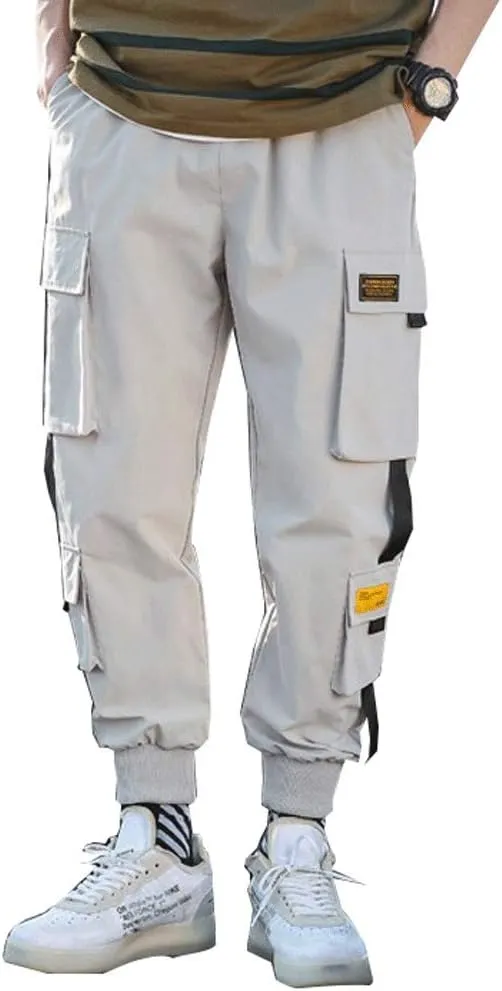 Banana Bucket Mens Techwear Harem Pants, Hip Hop Casual Jogger Cargo Pants with Multi-Pockets