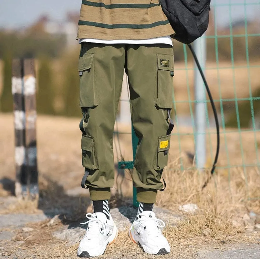 Banana Bucket Mens Techwear Harem Pants, Hip Hop Casual Jogger Cargo Pants with Multi-Pockets
