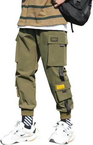 Banana Bucket Mens Techwear Harem Pants, Hip Hop Casual Jogger Cargo Pants with Multi-Pockets