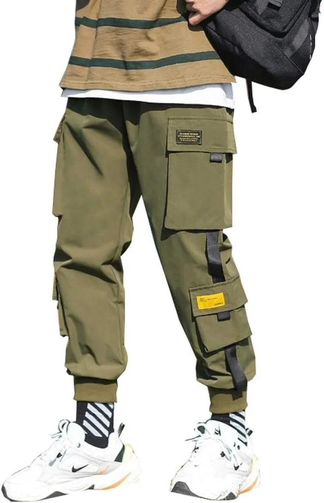 Banana Bucket Mens Techwear Harem Pants, Hip Hop Casual Jogger Cargo Pants with Multi-Pockets