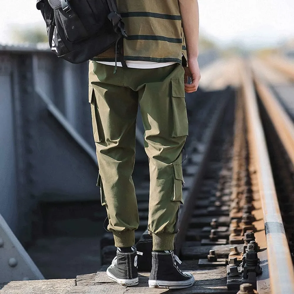 Banana Bucket Mens Techwear Harem Pants, Hip Hop Casual Jogger Cargo Pants with Multi-Pockets