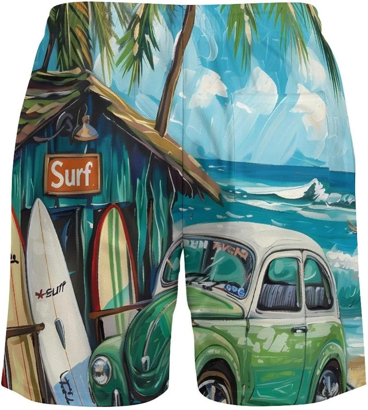 Beach Surf Car Palm Novelty Men's Swim Trunk Quick Dry Summer Beach Shorts Swimwear with Pocket