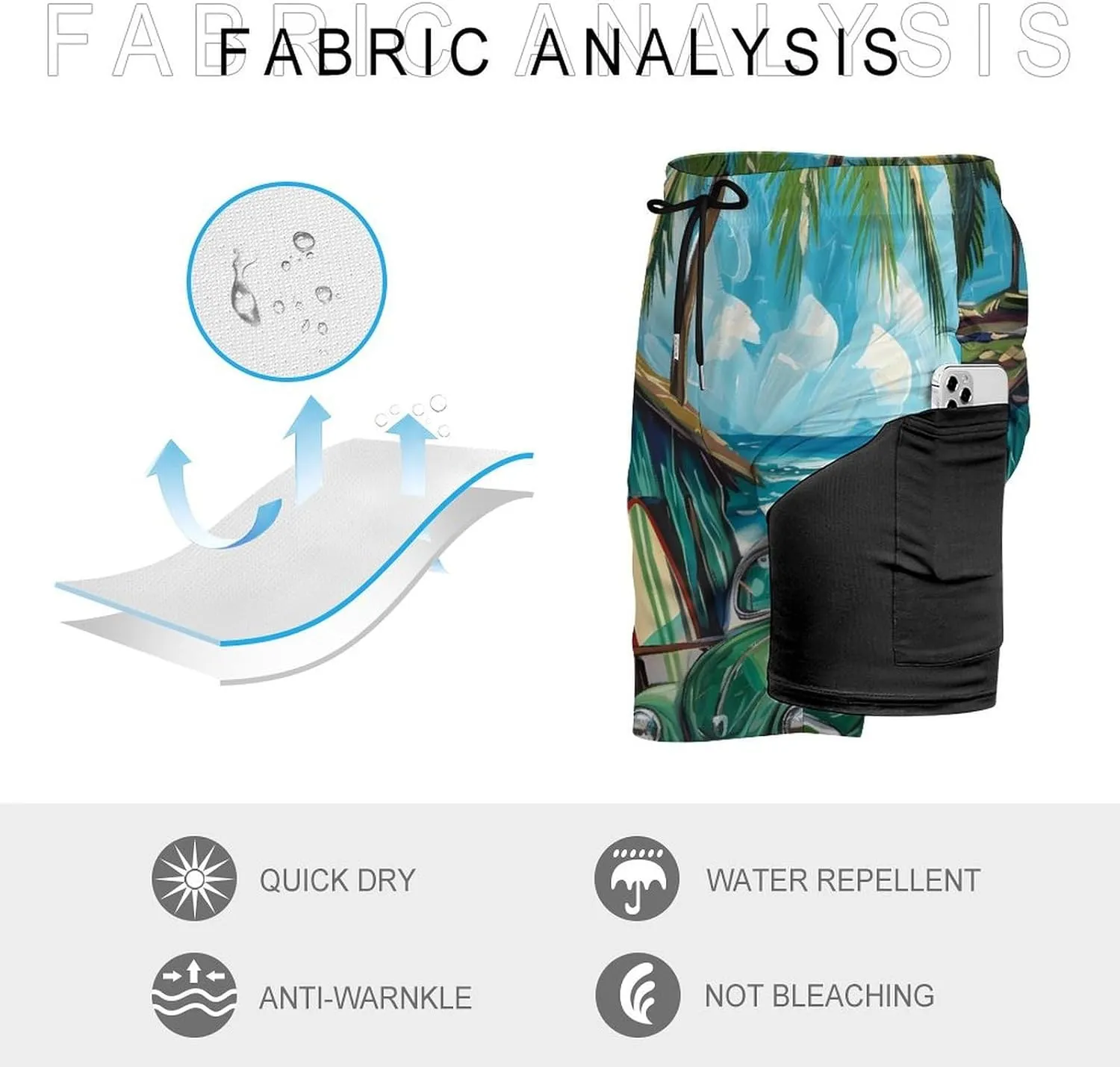 Beach Surf Car Palm Novelty Men's Swim Trunk Quick Dry Summer Beach Shorts Swimwear with Pocket
